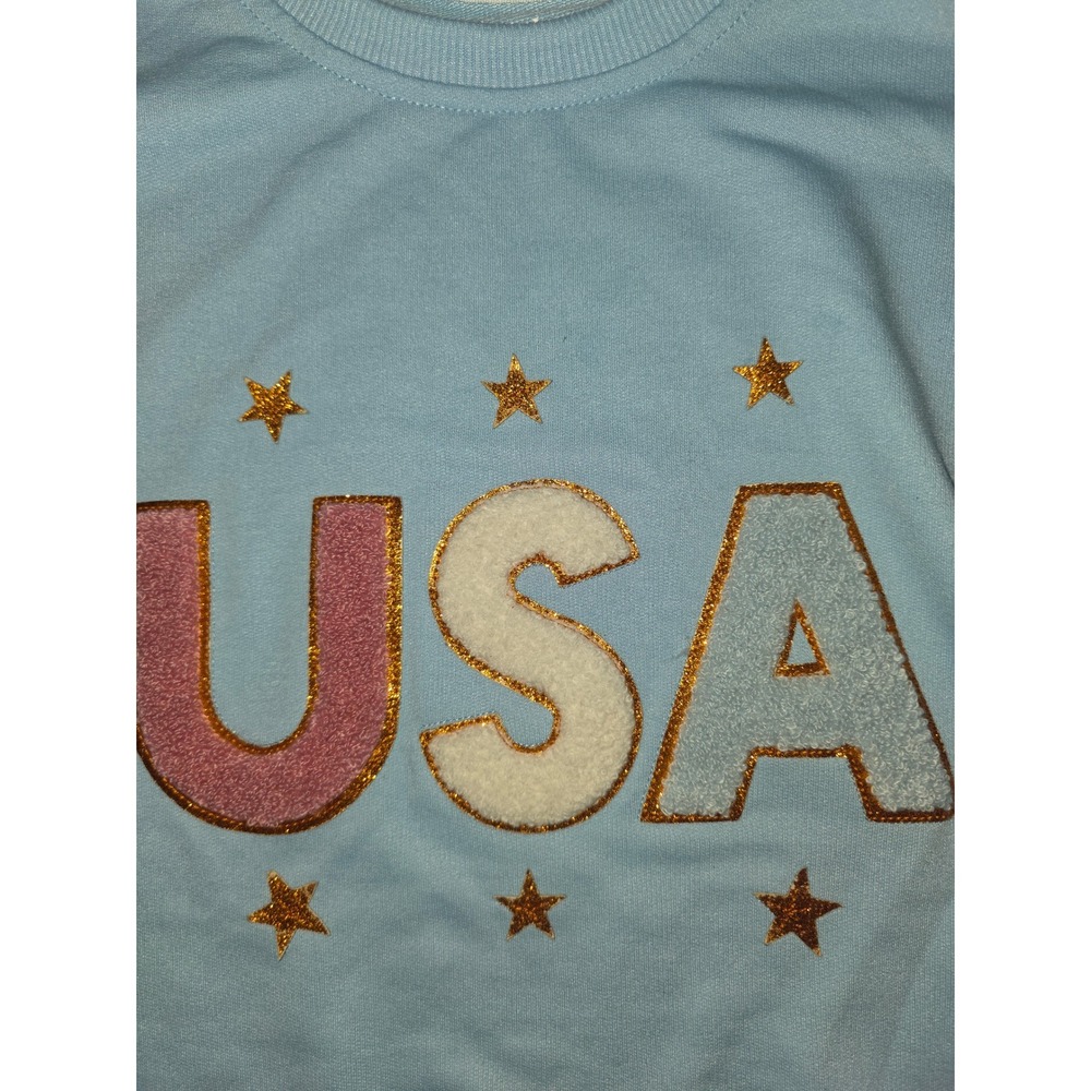 Simply Southern USA Chenille Patch Sweatshirt Light Blue Gold Glitter Stars S - Picture 3 of 4